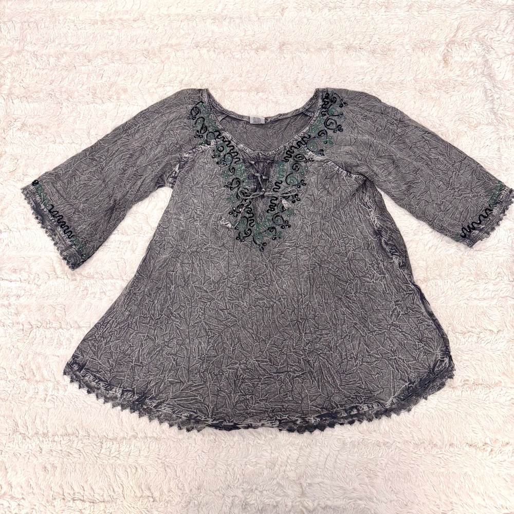Shoreline Wear Tie Dye Tunic L/XL | Boho Embroidered neck hems beach hippie